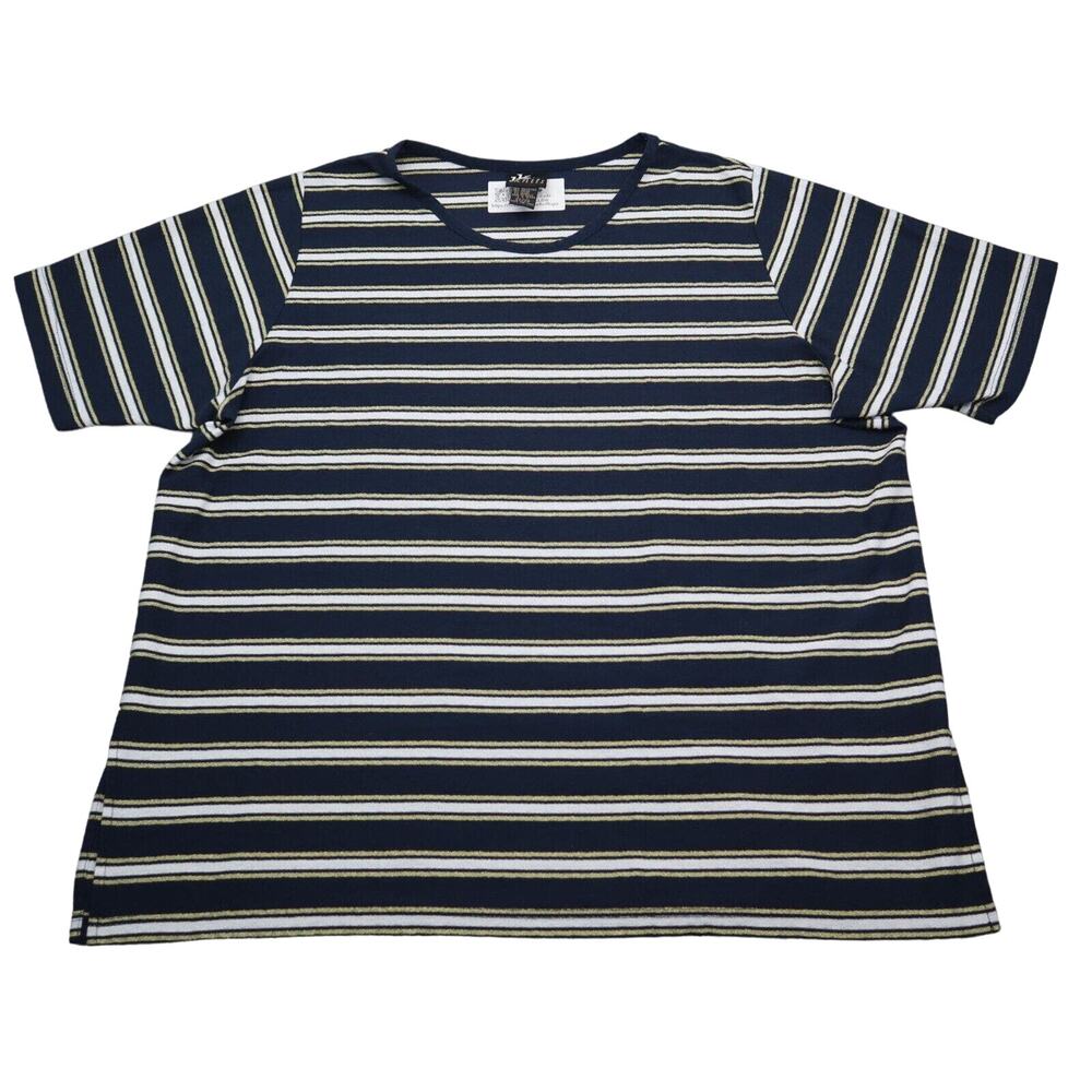 JK Knits Shirt Womens 22 Blue Gold Striped Short Sleeve Side Slit Pullover Tee